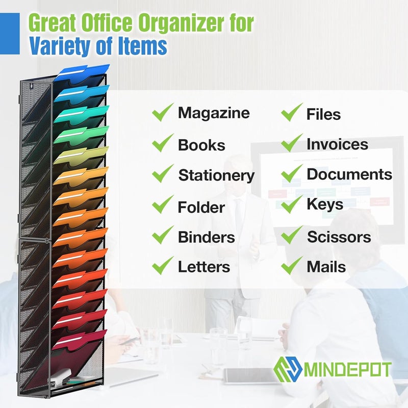MINDEPOT 15 Tier Wall File Holder Hanging Wall File Organizer for Papers Mails Folders Document Magazine Organization, for Office School Home, Black - Image 3